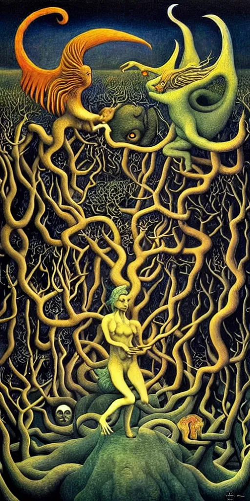 Image similar to mythical creatures and monsters in the imaginal realm of the collective unconscious, in a dark surreal painting by johfra, mc escher and ronny khalil