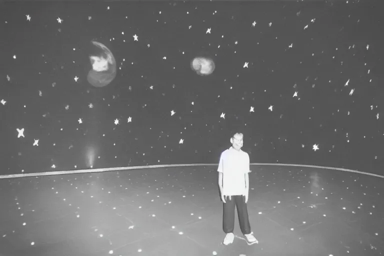 Image similar to a young man stands in the planetarium, planets and stars at background, low low exposure, decisive moment, anri cartier bresson