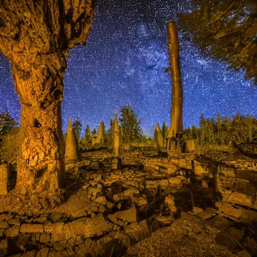 Image similar to the ruins of a village made out of stone in a forest of blue trees at night, a night sky filled with stars