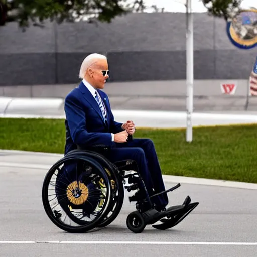 Prompt: still image of joe biden sitting in a turbo boosted wheelchair with a jet engine, 8 k photo