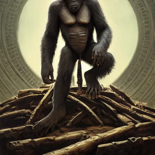 Image similar to koba from planet of the apes sitting on a throne of human bones, hero character art, by chris leib and greg rutkowski in a surreal portrait, oil on canvas, volumetric lighting, 8k, hd.