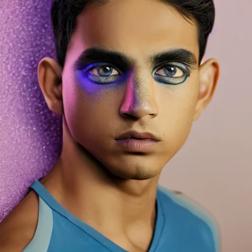 Image similar to a young beautiful slim athletic indian male has freckles color blue with an ombre effect, his eyes pupils are purple, his hair is colored blue silver ombre, photographed by erwin olaf