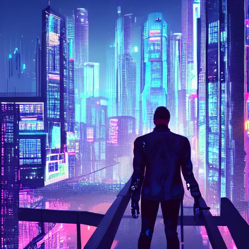 Image similar to a man standing on top of a bridge over a city, cyberpunk art by Vincent Lefevre, behance contest winner, altermodern, cityscape, synthwave, matte painting