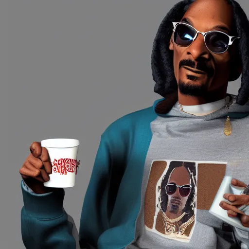 Prompt: Snoop Dogg chilling in a coffee shop sipping on his hot steaming coffee, hyperdetailed, artstation, cgsociety, 8k