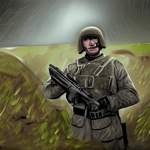 Image similar to putin with firearms, fighting in trenches somewhere in ukraine, highly detailed digital painting