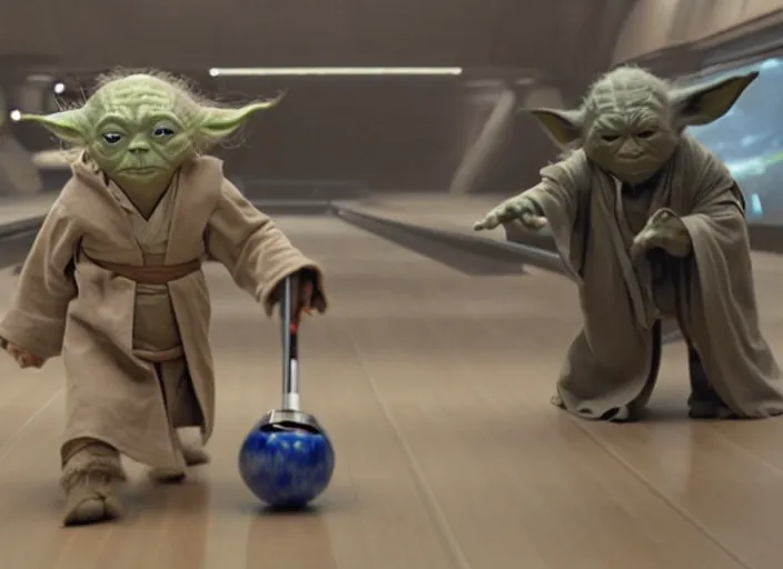 Image similar to film still of yoda uses the force to roll a bowling bowl down a lane in a bowling alley in the new Star Wars movie, 4k