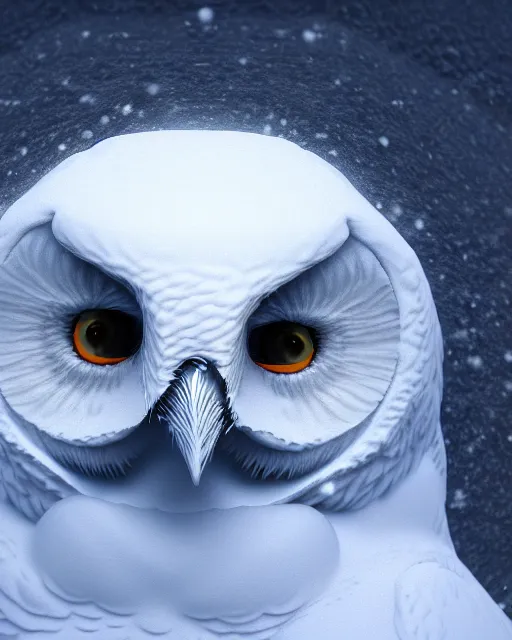 Image similar to closeup of a snow owls face, in the style of brian froud, digital art, unreal engine, volumetric lighting, dark moody lighting, post apocalyptic, 4 k