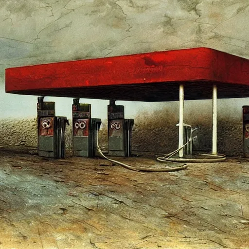 Prompt: post-apocalyptic gas station, paiting by Zdzislaw Beksinski, good composition