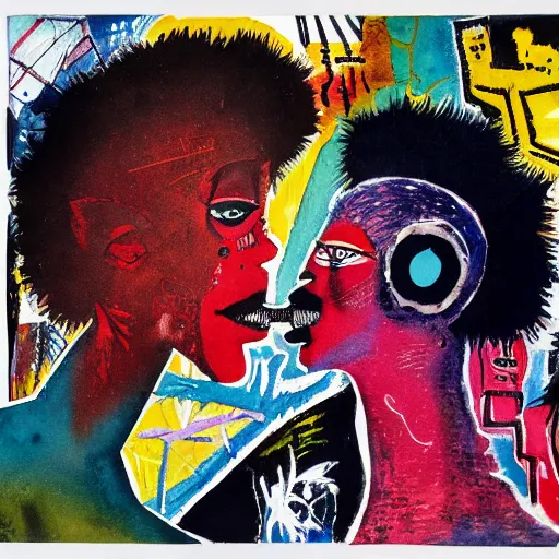 Prompt: watercolor painting of two bizarre psychedelic goth women kissing each other closeup in a space station in japan, speculative evolution, mixed media collage by basquiat and jackson pollock, maximalist magazine collage art, sapphic art, lesbian art, chemically damaged