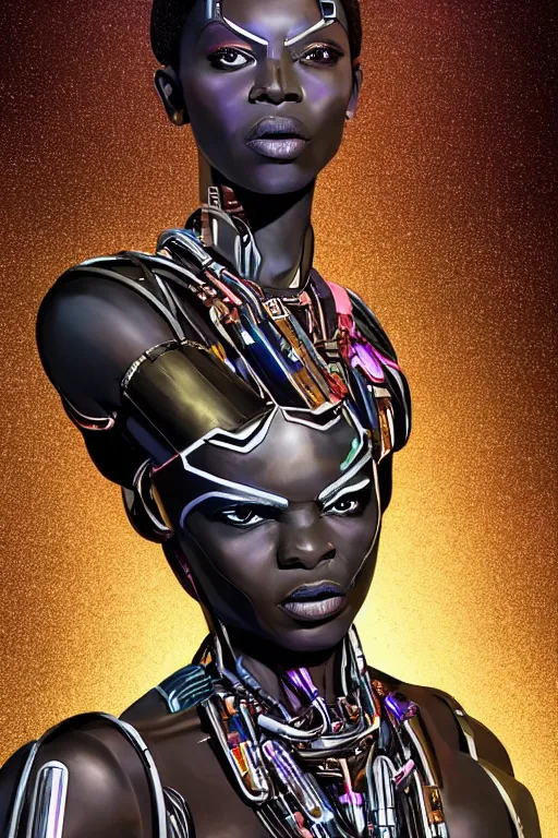 Image similar to full body portrait of the African Android Queen, by DC comics and Sandra Chevrier and beeple, artstation, volumetric lighting, hyperrealism, futuristic royalty, strong and muscular, award winning costume design, cybernetic bionic cyborg, fashion show runway, futuristic fine textures, woven with electricity, high fashion superpowers, wakanda, 4k UHD, 35mm