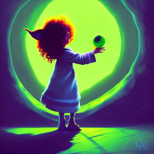 Image similar to curled perspective digital art of curly brown hair girl playing ball with yoda by anton fadeev from nightmare before christmas