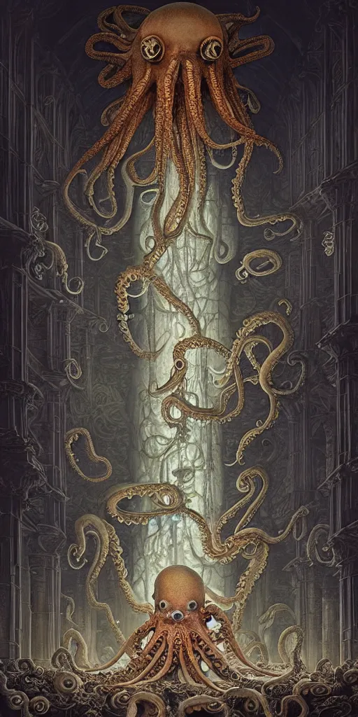 Image similar to group of mankind species mages with big translucent octopus heads and translucent jellyfishes floating around inside an ancient mage castle hall colossal scale, gothic and baroque, brutalist architecture, ultradetailed, Intricate by Ellen Jewett and Josan Gonzalez and Giuseppe Arcimboldo