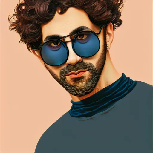 Prompt: A curly-haired persian guy wearing round golden glasses,muted colors, matte print, pastel colors, 2d, ultra highly detailed, smooth, sharp focus, digital art, digital painting, fan art, elegant, artstation, head is centered, by Ilya Kuvshinov