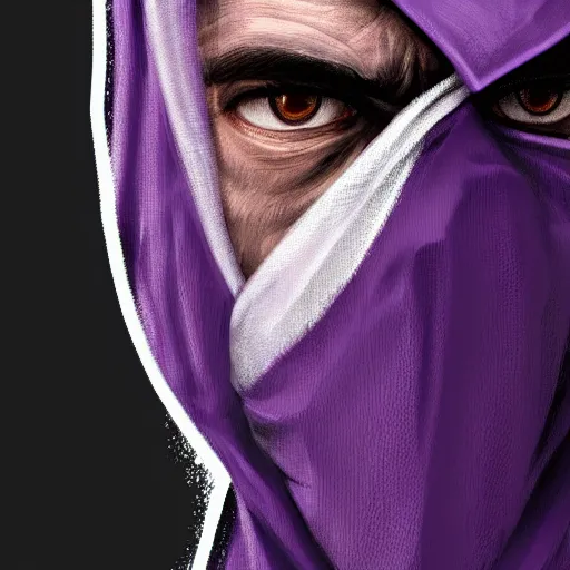 Image similar to ultra realistic illustration, man in a black hood, in a striped purple balaclava, mysterious, highly detailed, digital painting, artstation, concept art, smooth, sharp focus, illustration