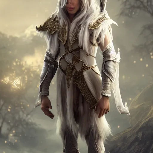 Image similar to a highly detailed male elf in full length, with white long hair, white clothes, bright blue eyes, artstation, DeviantArt, professional, octane render