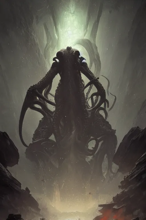 Image similar to cthulhu, huge, towering, gigantic, high octane, 8 k, digital art, magic the gathering, mtg, by greg rutkowski, trending on artstation