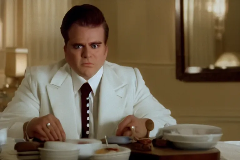 Prompt: cinematic still of chubby clean-shaven white man wearing chocolate brown suit and necktie in Casper (1995), XF IQ4, f/1.4, ISO 200, 1/160s, 8K, RAW, dramatic lighting, symmetrical balance, in-frame