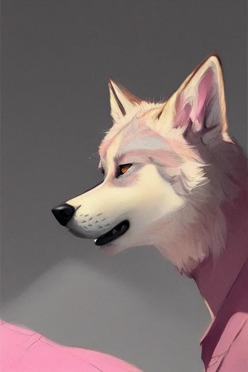 Image similar to portrait of realistic wolf wearing pink shirt, smoking cigarette, digital painting, artstation, concept art, smooth, sharp focus, illustration, art by artgerm, james jean, jean giraud, edward hopper, gaston bussiere and greg rutkowski