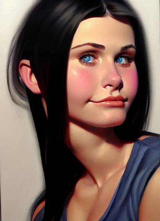 Image similar to portrait of cute 1 8 year old courtney cox as a bit chubby girl, painted by stanley artgerm, sleek curves, sharp focus, trending on artstation hq, deviantart