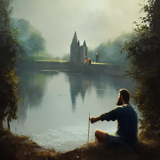 Image similar to jesus sitting by the river fishing, exudes terror, castle, mysterious breath, spitfire, photography, hyperrealistic, by greg rutkowski, smooth, illustration, elegant, artstation, digital painting.