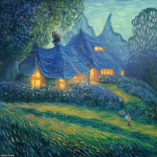 Image similar to mysterious detailed painting of a cozy english cottage in the woods at night, surrounded by giant glowing mushrooms, in the style of studio ghibli and moebius and claude monet and edward hopper and vincent van gogh