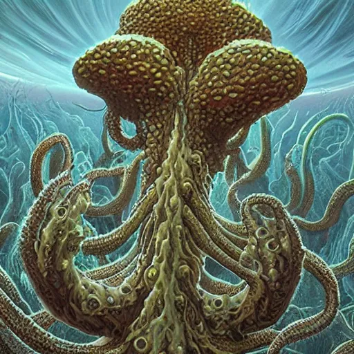 Prompt: Sporulating Morel Crystals Eldritch Mycelium Tentacle Monster by Jim Burns