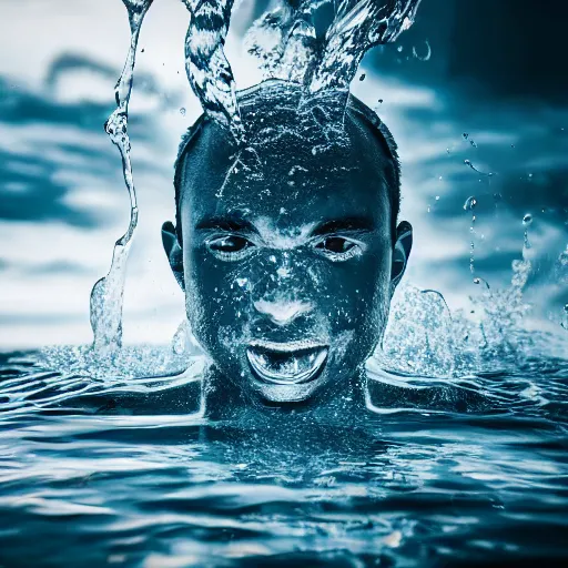 Image similar to spillin water creating a human head out of water, on the ocean water, ray tracing, realistic water sharp focus, long shot, 8 k resolution, cinematic, amazing water art