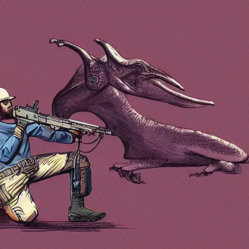 Image similar to digital illustration of futuristic big game hunter sitting for a photo next to his large alien creature, proud, feat, style of moebius, wild world, large really long futuristic rifle with scope, colonial helmet