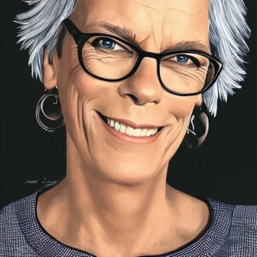 Image similar to jamie lee curtis, smiling, happy, beautiful, intelligent, powerful, white hair, loving eyes, fully clothed, wise, beautiful, dramatic lighting, sharp focus, by stanley artgerm, dramatic lighting, trending on artstation, flat colour, geometric curves, gradient filter, art deco patterns