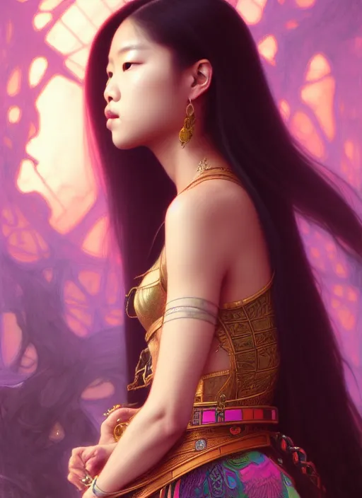 Image similar to jennie kim of blackpink, queen, tarot card, highly detailed, digital painting, smooth, sharp focus, illustration, ultra realistic, unreal engine, 8 k, art by simon bisley and greg rutkowski and alphonse mucha