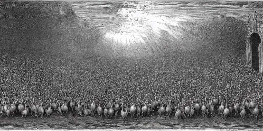 Image similar to gargantuan flock of geese guarding the gates of hell, art by gustave dore, hieronimus bosch