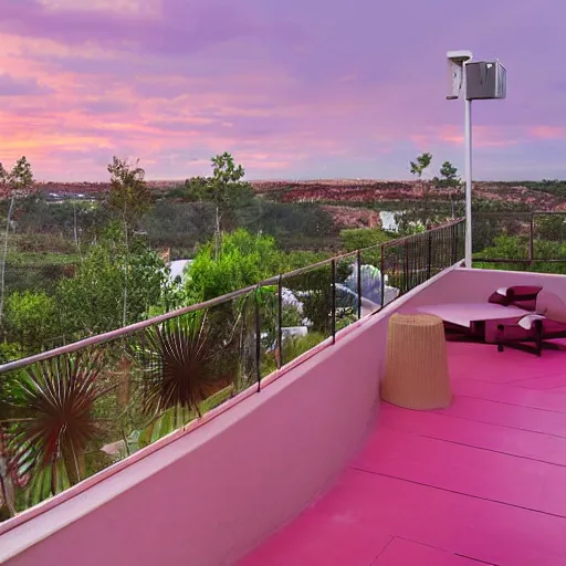 Image similar to The view from the hotel, the purple sky, and the red earth, realistic