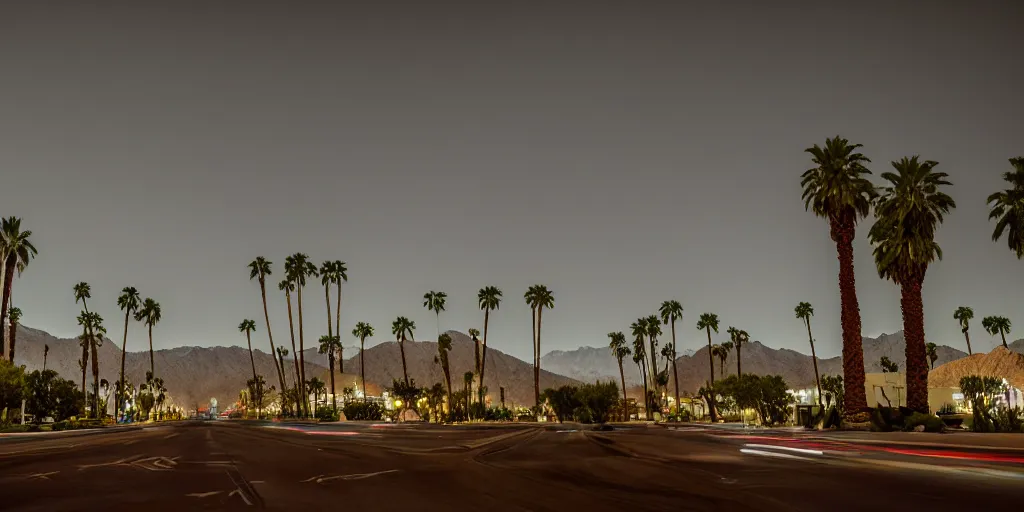 Image similar to palm springs as as futuristic city, sci fi, blade runner, cinematic, underexposed,