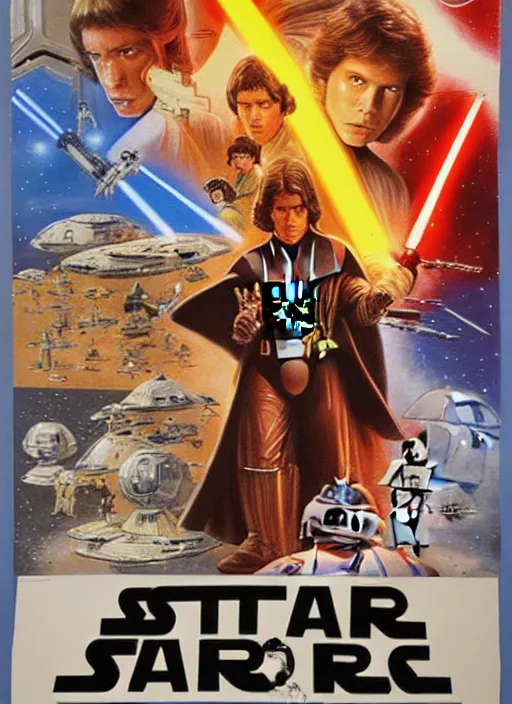 Image similar to 1 9 8 6 poster for star wars. oil on canvas. print.