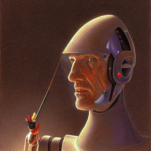 Prompt: robot artist artist painting a self portrait, by john howe