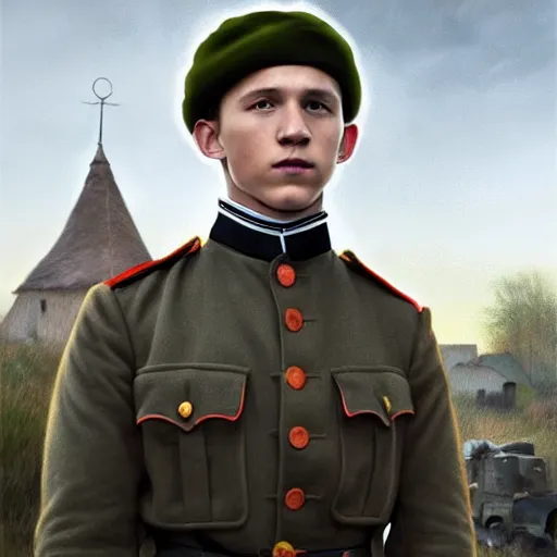 Prompt: fullbody portrait of tom holland wearing russian ww 1 clothes, with black clack coal - color beanie on head, white thatch houses in village at background, style ivan talavera and artgerm, radiant lighting, hyper realistic, photorealistic, octane render, trending on artstation, cgsociety, cinematic light, global illumination