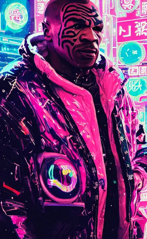 Image similar to detailed portrait Mike Tyson Neon Operator, cyberpunk futuristic neon, reflective puffy coat, decorated with traditional Japanese ornaments by Ismail inceoglu dragan bibin hans thoma !dream detailed portrait Neon Operator Girl, cyberpunk futuristic neon, reflective puffy coat, decorated with traditional Japanese ornaments by Ismail inceoglu dragan bibin hans thoma greg rutkowski Alexandros Pyromallis Nekro Rene Maritte Illustrated, Perfect face, fine details, realistic shaded, fine-face, pretty face