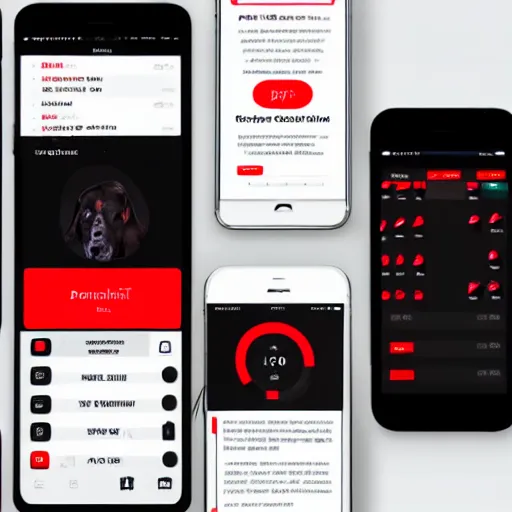 Image similar to a full ux layout of a mechanical dog dashboard and marketplace mobile app for ios with a black and red theme.