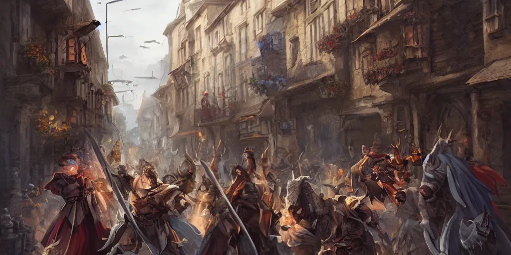 Prompt: an exciting fantasy street battle within a fascinating old city, narrow streets, old buildings, by Sebastian Luca, cinematic, simple but effective composition, clean lines, beautiful digital painting, oil painting, great character design, dungeons and dragons, lord of the rings, close up character, fantasy races