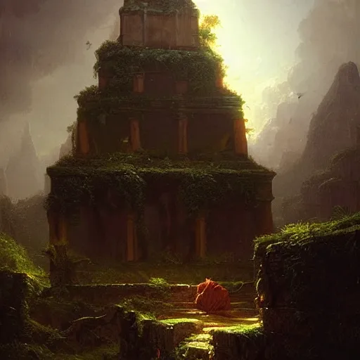 Image similar to ancient pyramid, overgrown undergrowth vegitation, dark volumentric ambient lighting, painting by thomas cole and greg rutkowski