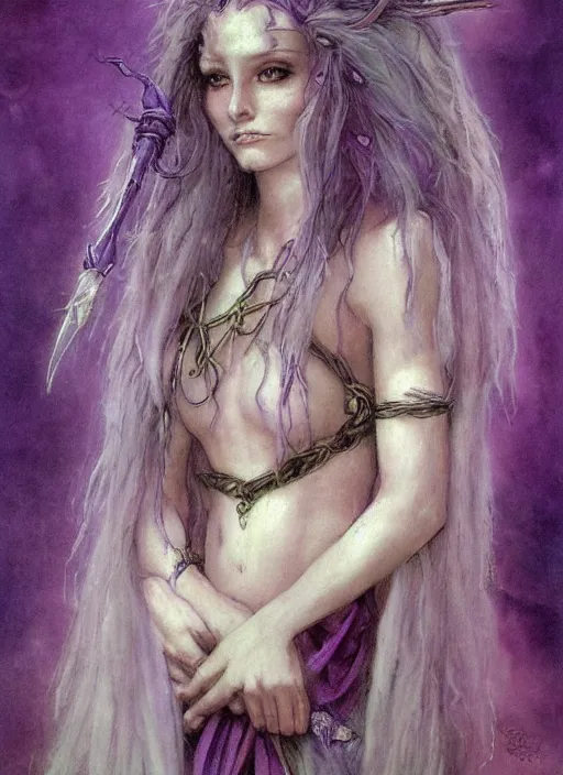 Image similar to portrait of young female sorceress of the endtimes, transluscent skin, lavender hair, beautiful! coherent! dungeons and dragons character, by brian froud, strong line, cool night color, high contrast