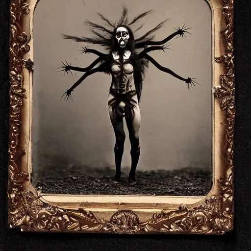 Image similar to 1860 photo of an old freak show spider-woman, on the middle of a forest, spooky , veins, arteries, intricate, golden ratio, full frame, elegant, highly detailed, ornate, ornament, sculpture, elegant , luxury, beautifully lit, ray trace, 3d, PBR