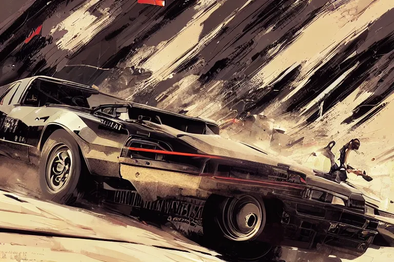 Prompt: digital illustration of mad max's pursuit special, the last v 8 interceptor by makoto shinkai, ilya kuvshinov, lois van baarle, rossdraws, basquiat