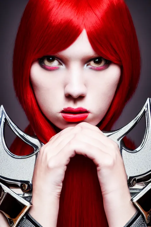 Image similar to very shy demonic top model, red hair, wearing louis vuitton armor, luxury materials, symmetrical, cinematic, elegant, professional studio light, real dlsr photography, sharp focus, 4 k, ultra hd, sense of awe, high fashion