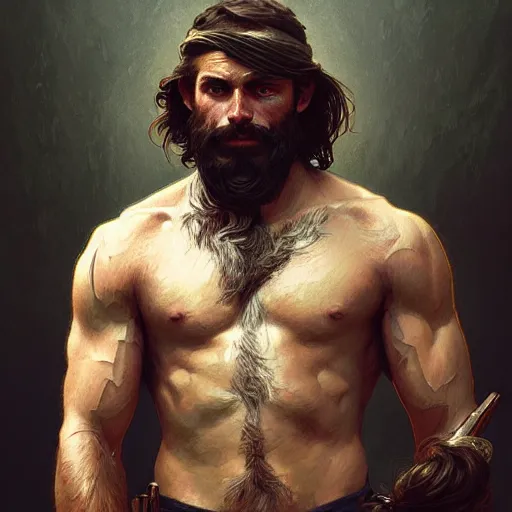 Image similar to portrait of a young rugged ranger, muscular, upper body, hairy torso, D&D, fantasy, intricate, cinematic lighting, highly detailed, digital painting, artstation, concept art, smooth, sharp focus, illustration, art by Artgerm and Greg Rutkowski and Alphonse Mucha