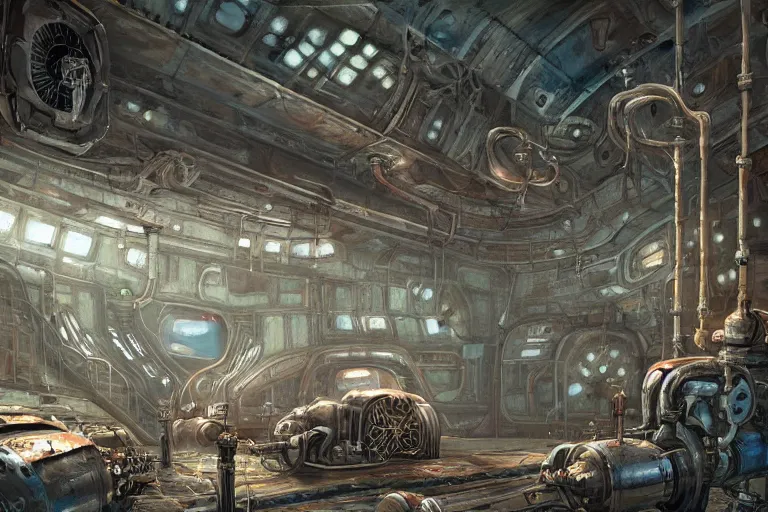 Prompt: A beautiful painting of inside of old abandoned space station with shiny metal pipes in machinarium by yann souetre, Trending on artstation.