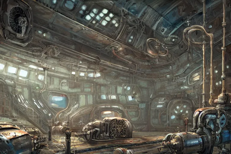 Image similar to A beautiful painting of inside of old abandoned space station with shiny metal pipes in machinarium by yann souetre, Trending on artstation.