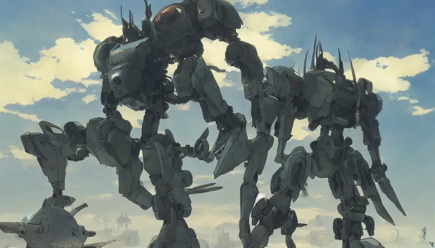 Image similar to mech battle, trending on pixiv fanbox, painted by greg rutkowski makoto shinkai takashi takeuchi studio ghibli