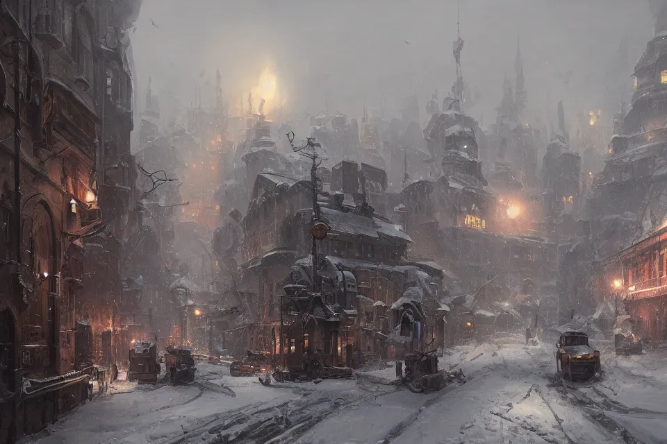 Image similar to highly detailed painting of dieselpunk stockholm, winter, snow, dystopia, by greg rutkowski, 4 k resolution, trending on artstation
