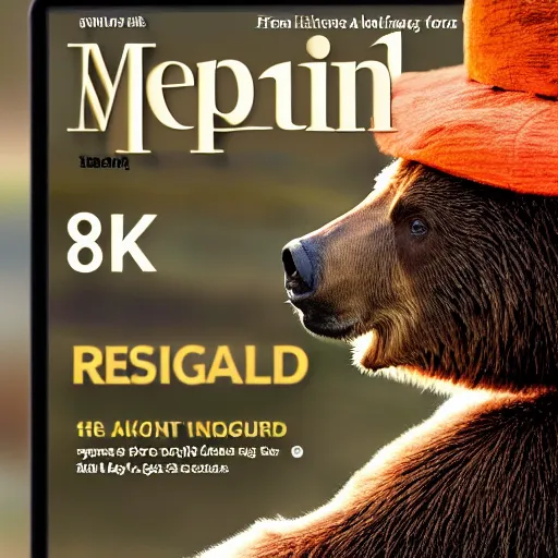 Image similar to magazine cover with bear in a hat. 8k resolution. hyperrealistic